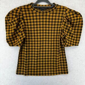 Haute Monde Womens Large Mustard Yellow Crop Top Shirt Gingham Puff Sleeve